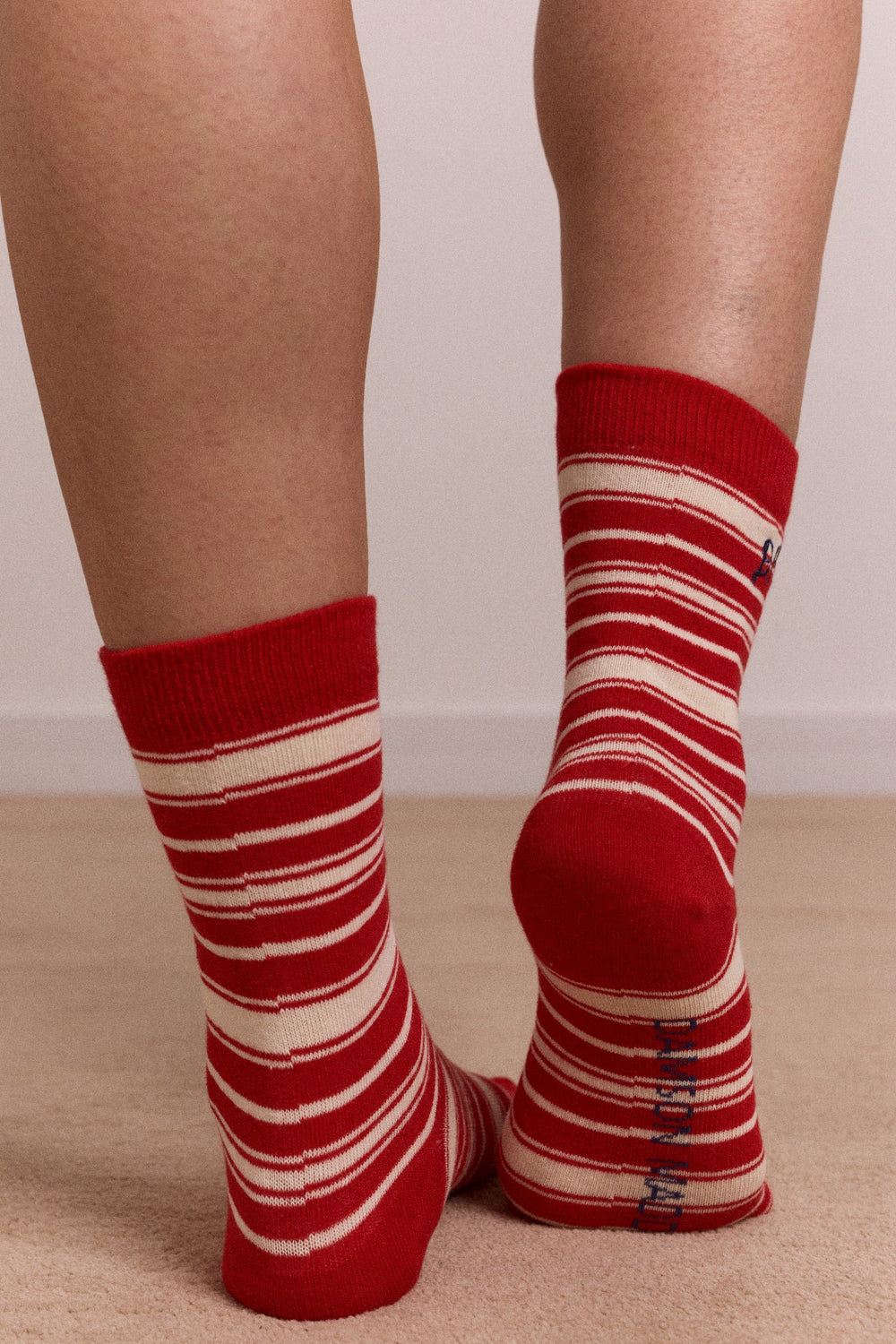 calf length socks - cream & red stripe