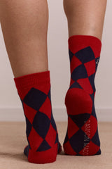 calf length socks - navy & red harlequin