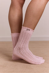 calf length 2 pack pointelle socks - choc & pink