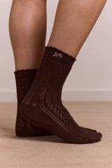 calf length 2 pack pointelle socks - choc & pink