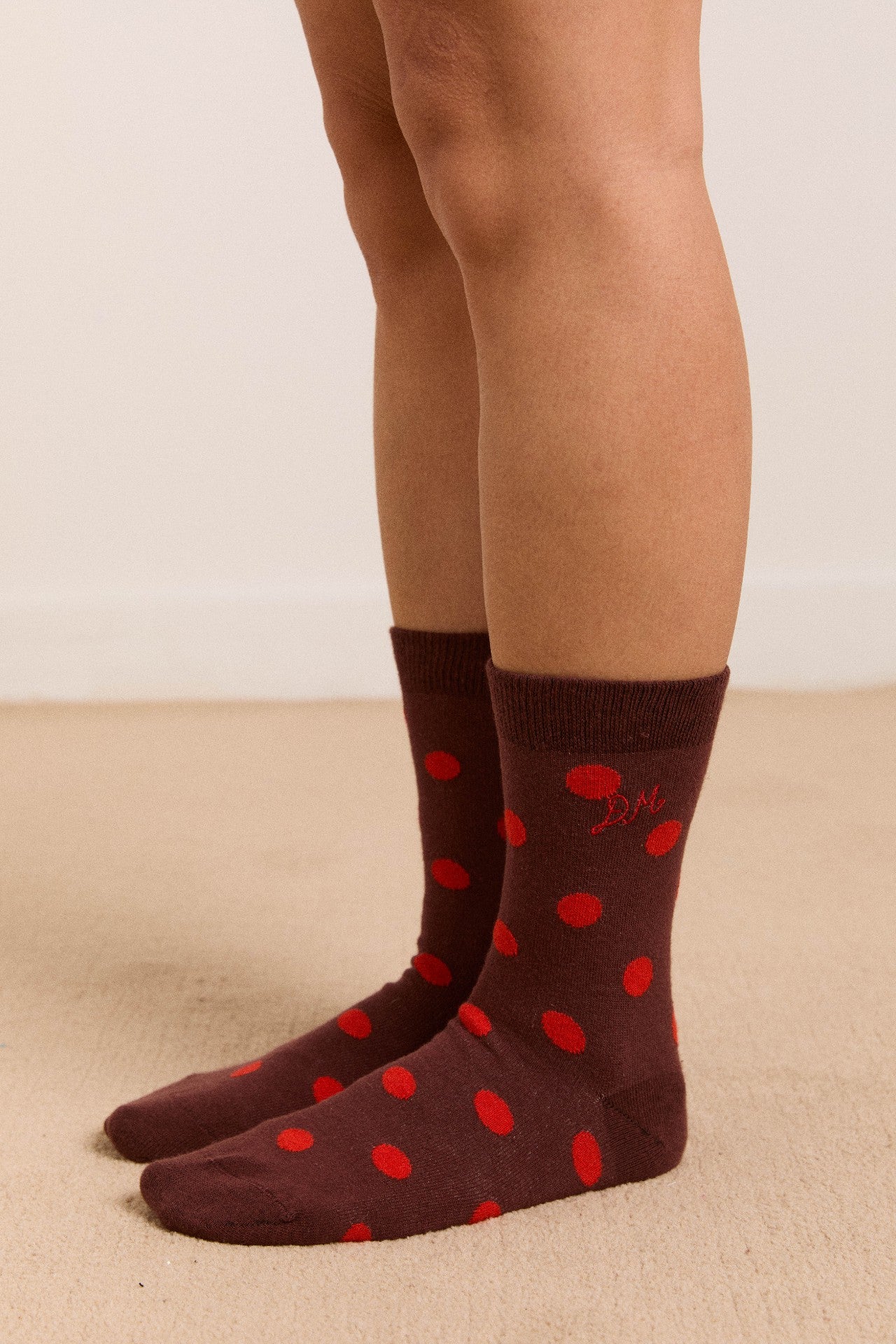 calf length socks in burg & red polka dot