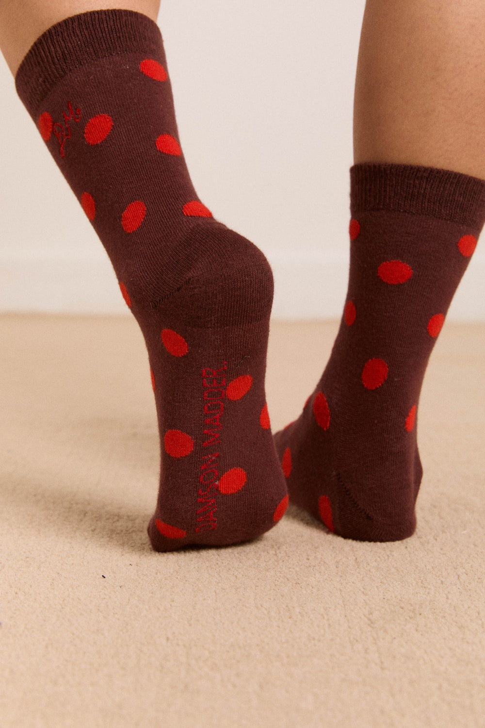 calf length socks in burg & red polka dot