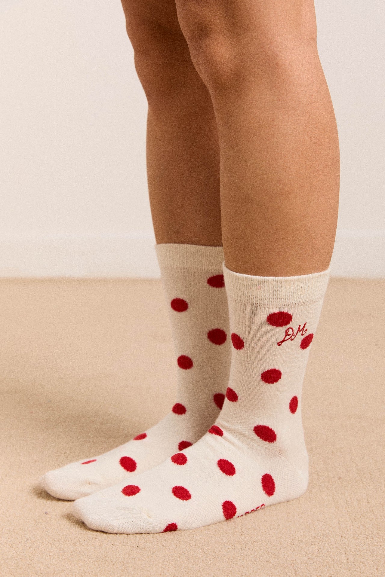 calf length socks in white & red polka dot