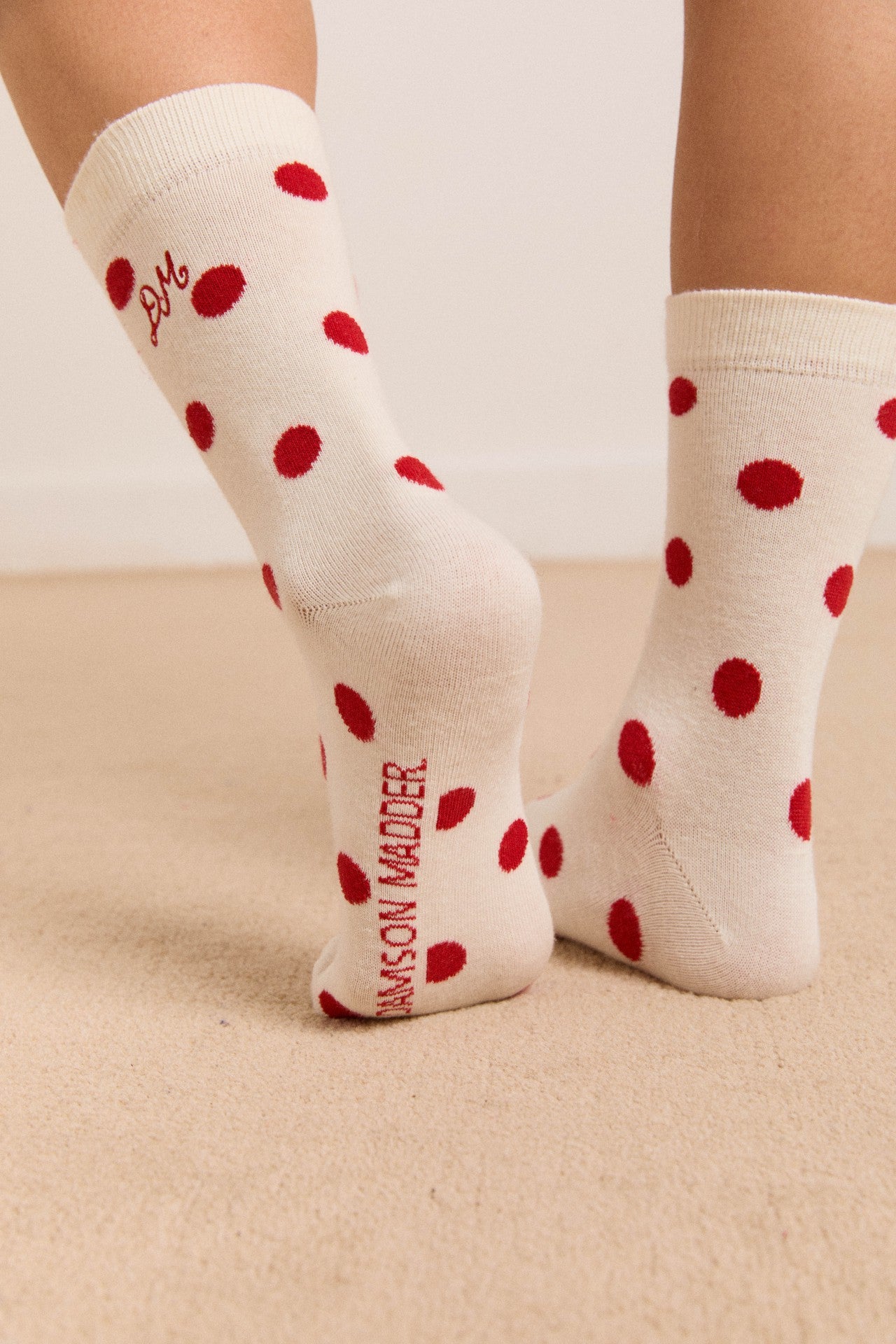 calf length socks in white & red polka dot