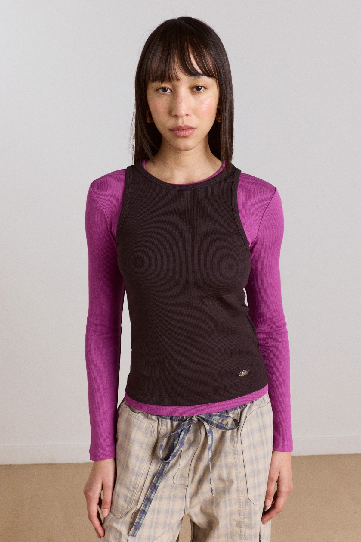 manon layered 2 in 1 top - choc/magenta