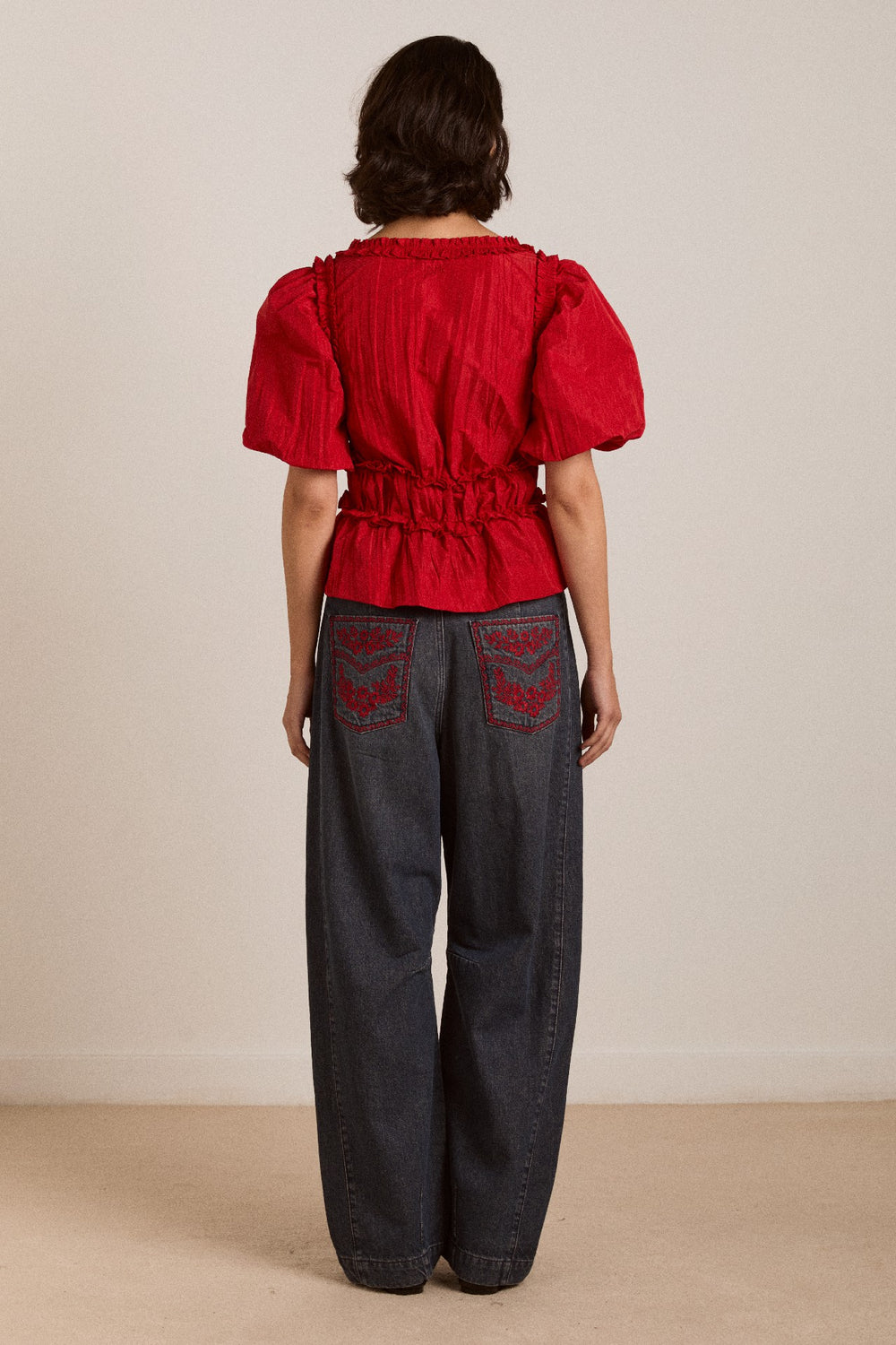 everly ruffle blouse red tafetta