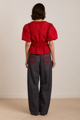 everly ruffle blouse red tafetta