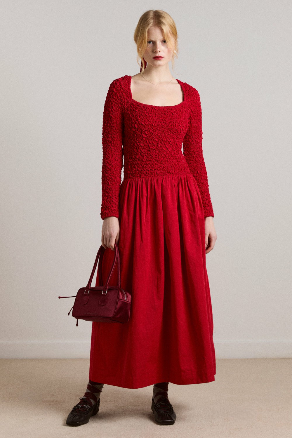 malinda ls smocked midi dress- red