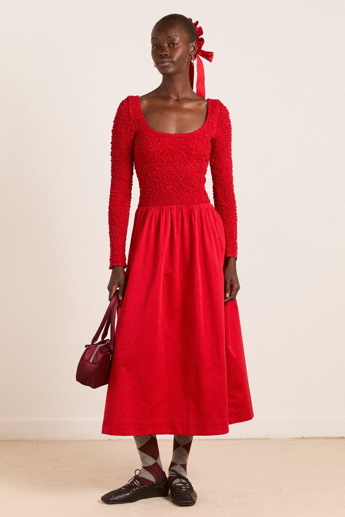 malinda ls smocked midi dress- red