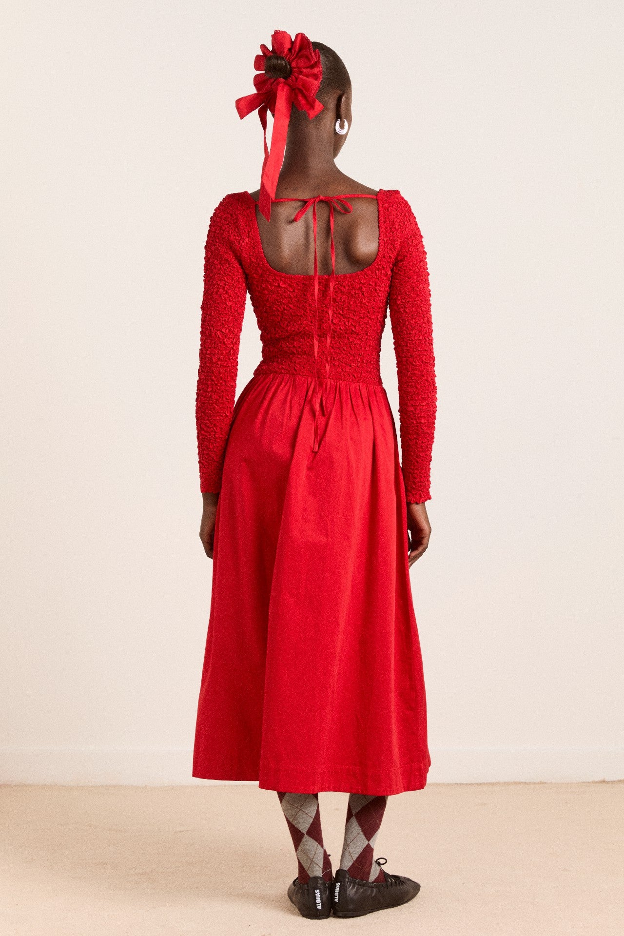 malinda ls smocked midi dress- red