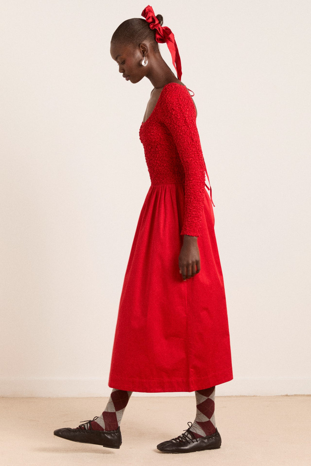 malinda ls smocked midi dress- red